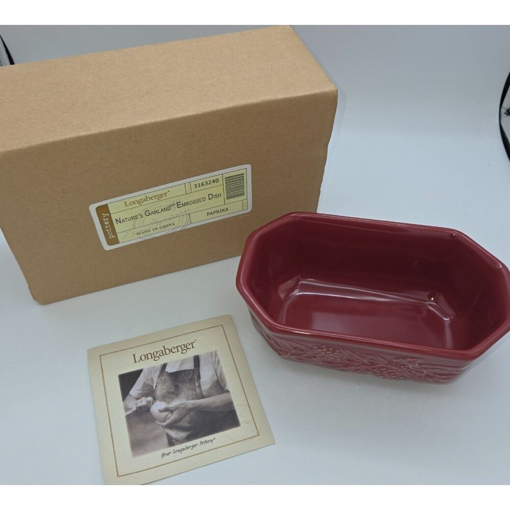 Longaberger Natures Garland Embossed Dish Red Stoneware With Box 11657420